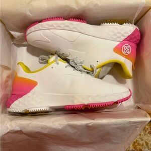 G/FORE White and Pink Sneakers with Yellow Accents
